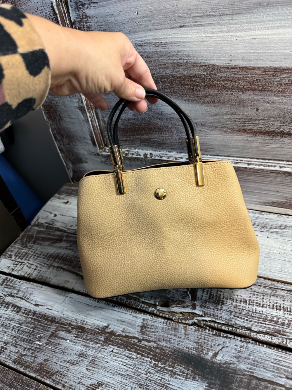 Structured Pebbled Satchel Handbag in Tan with Black Handles